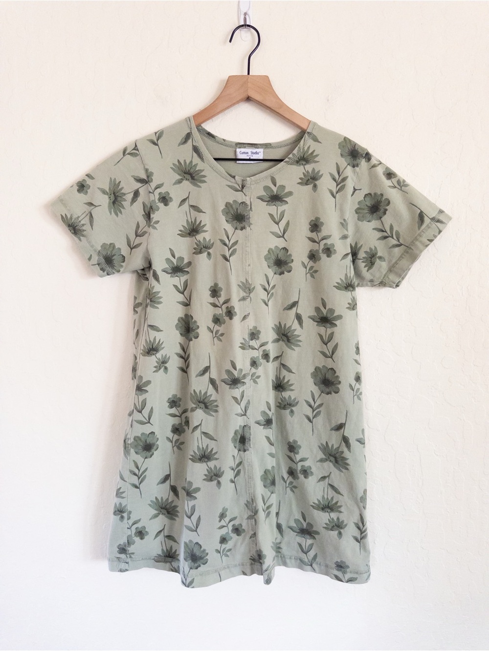Vintage Cotton Studio Crewneck T-Shirt Mini Dress XS Green Floral Made in USA